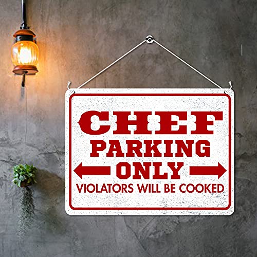 Kruzroyal MP383 CHEF PARKING ONLY, Violators will be cooked. Funny Novelty Retro Vintage Metal Wall Sign Plaque 20cm x 15cm