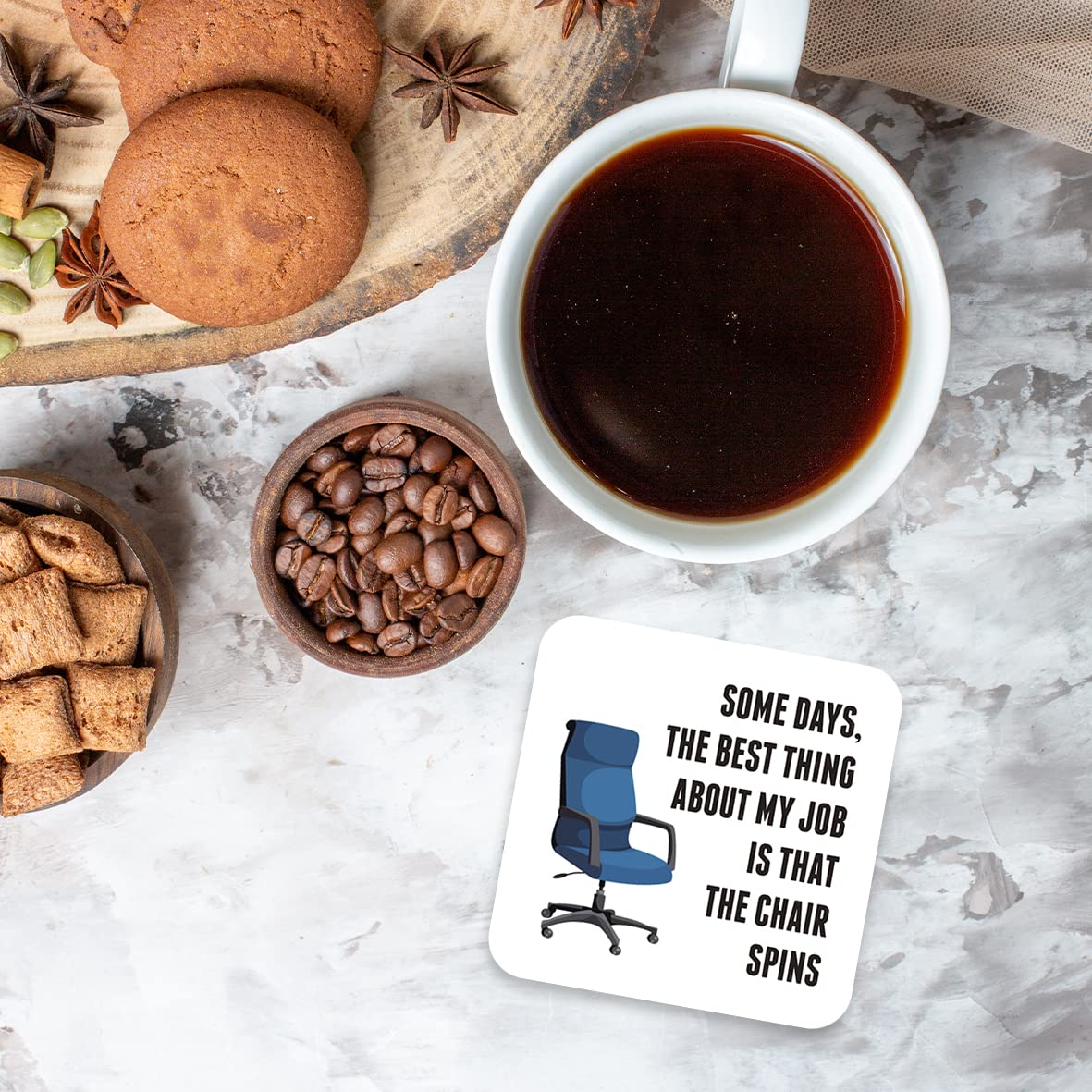 CS727 Some days, the best thing about my job is that the chair spins Novelty Funny Coffee Tea Drink Gift Glossy MDF Wooden Coaster | Gifts for Men Women Boss Colleagues