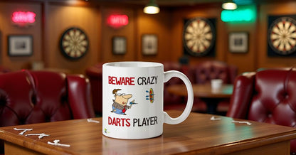 Kruzroyal "Beware Crazy Darts Player Funny Mug - 11oz Ceramic Coffee Cup, Novelty Gift for Men, Dad, Husband, League and Game Room
