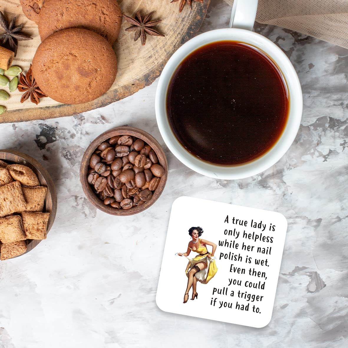 CS721 A True Lady is only Helpless While her Nail Polish is Wet, Even Then, You Could Pull a Trigger if You had to. Novelty Funny Coffee Tea Drink Gift Glossy MDF Wooden Coaster
