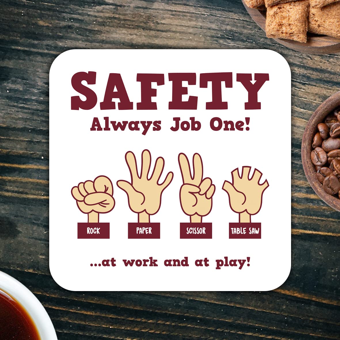 CS592 Safety Always Job One! Rock Paper Scissor Novelty Funny Coffee Tea Drink Gift Glossy MDF Wooden Coaster
