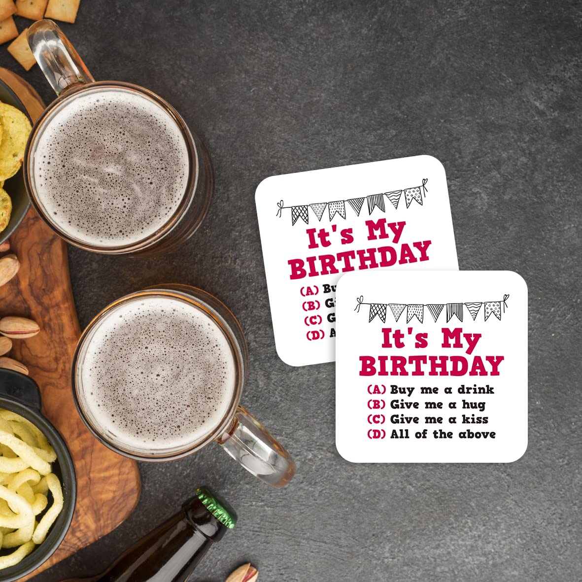 CS526 It's My Birthday/Buy me a Drink/give me a Hug/give me a kiss Novelty Funny Coffee Tea Drink Gift Glossy MDF Wooden Coaster