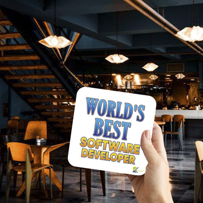 WB063 World's Best Software Developer MDF Wooden Coaster by Kruzroyal | Gift for Software Developer | Unique Novelty Present | 9cm x 9cm | Coffee Tea MDF Wooden Coaster
