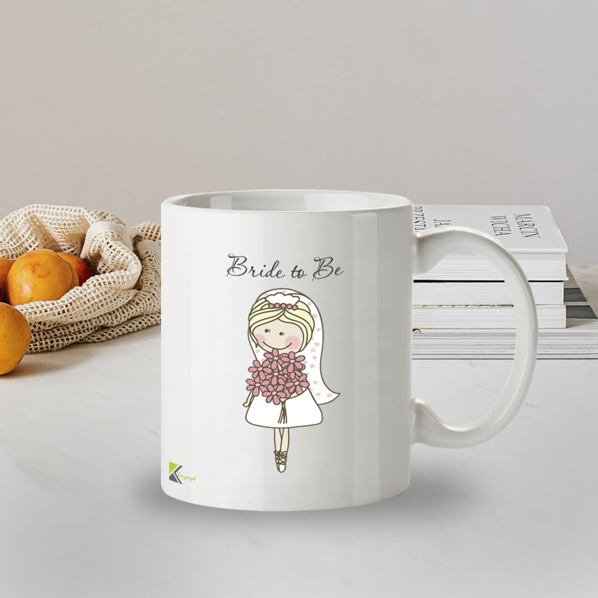 Kruzroyal Bride to Be Mug, Cute Cartoon Bride Design with Flowers, Engagement Gift for Her, Fiancée or Future Mrs, White Ceramic Coffee Cup, 11 oz Novelty Great Gift Idea Coffee Tea Mug