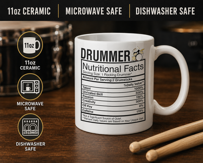 Kruzroyal Drummer Mug Gift for Men & Dad - Funny Nutritional Facts 11oz Ceramic Coffee Cup - Music Gifts for Drummers & Musicians