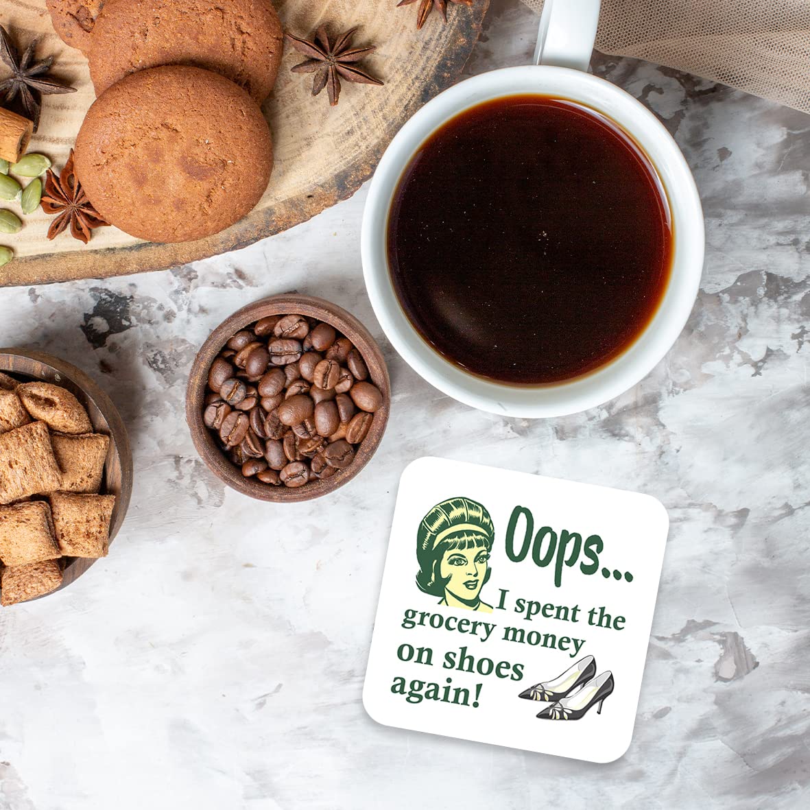 CS585 Oops.. I Spent The Grocery Money on Shoes Again! Shopaholic Novelty Funny Coffee Tea Drink Gift Glossy MDF Wooden Coaster