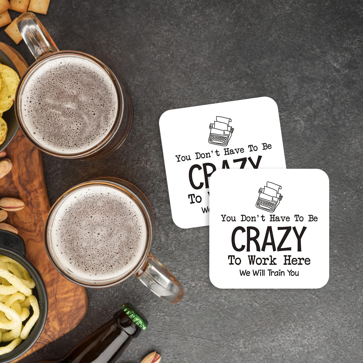 CS758 You don't have to be crazy to work here. We will train you Novelty Funny Coffee Tea Drink Gift Glossy MDF Wooden Coaster | Gifts for Men, Women, Boss | Leaving Present & New Job Gift
