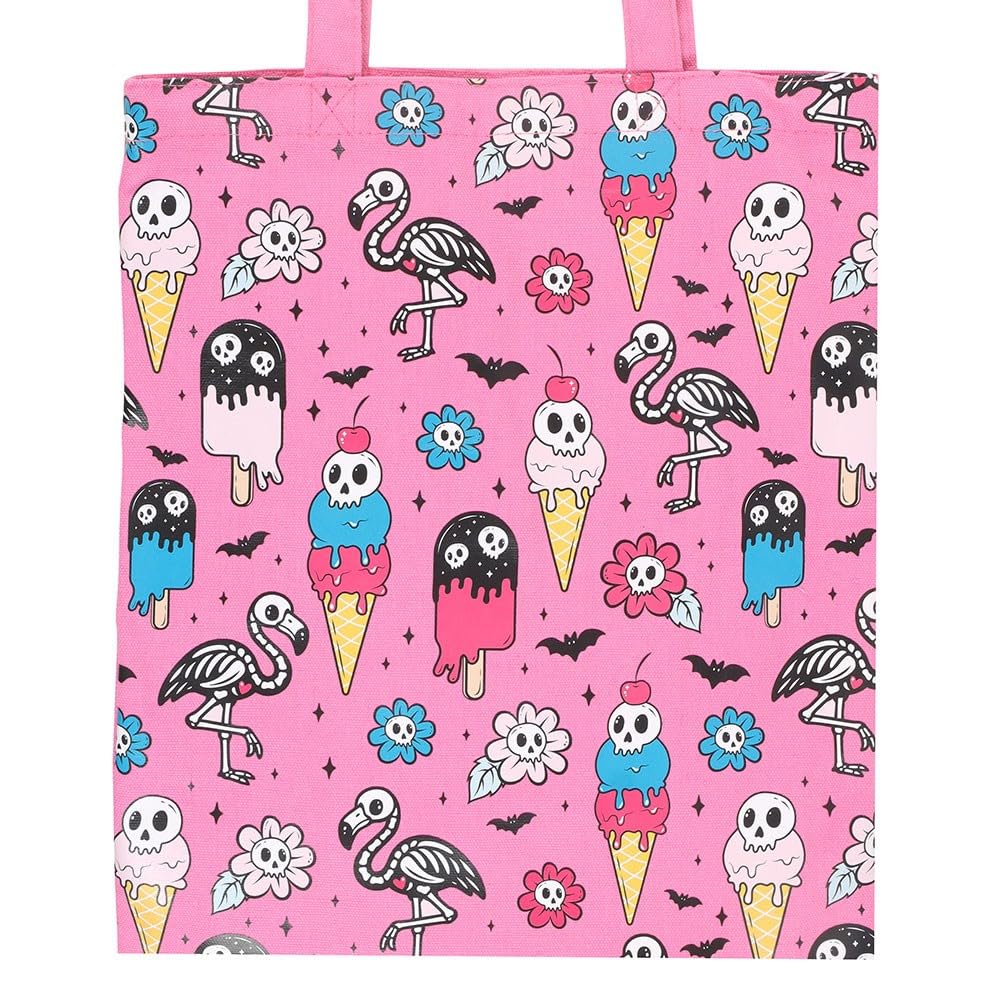 Something Different Wholesale Pink Gothic Tote Bag with Skull Ice Cream & Flamingo Print – Hot Goth Summer Shopper Bag for Beach, Shopping, Festivals & Everyday Use