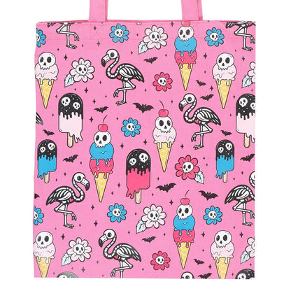 Something Different Wholesale Pink Gothic Tote Bag with Skull Ice Cream & Flamingo Print – Hot Goth Summer Shopper Bag for Beach, Shopping, Festivals & Everyday Use