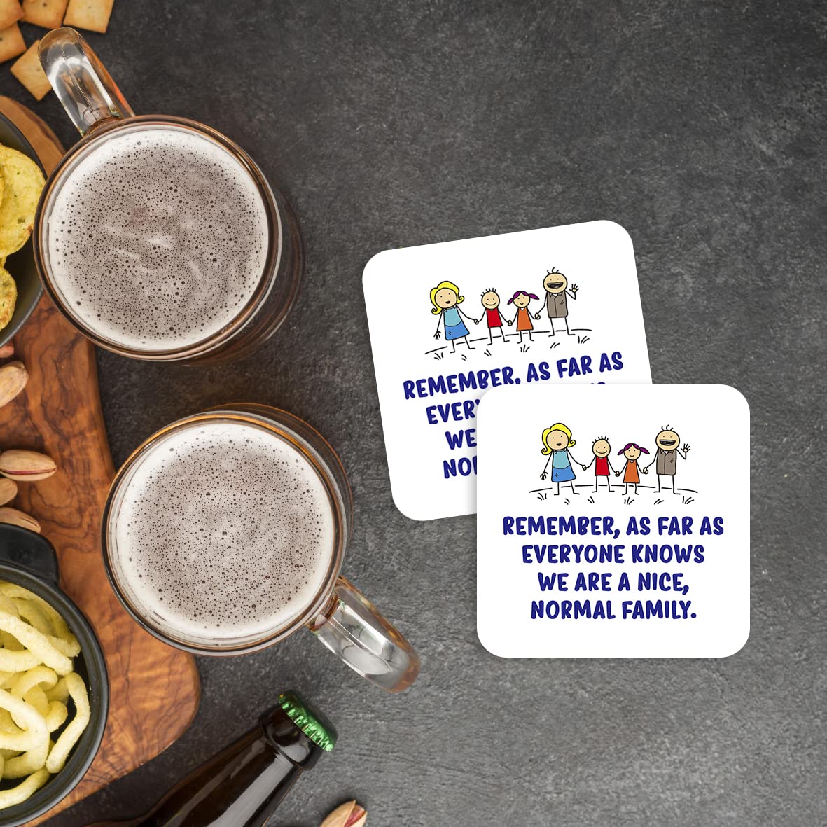 CS475 Remember, As far as everyone knows we are a nice, normal family. Novelty Funny Coffee Tea Drink Gift Glossy MDF Wooden Coaster