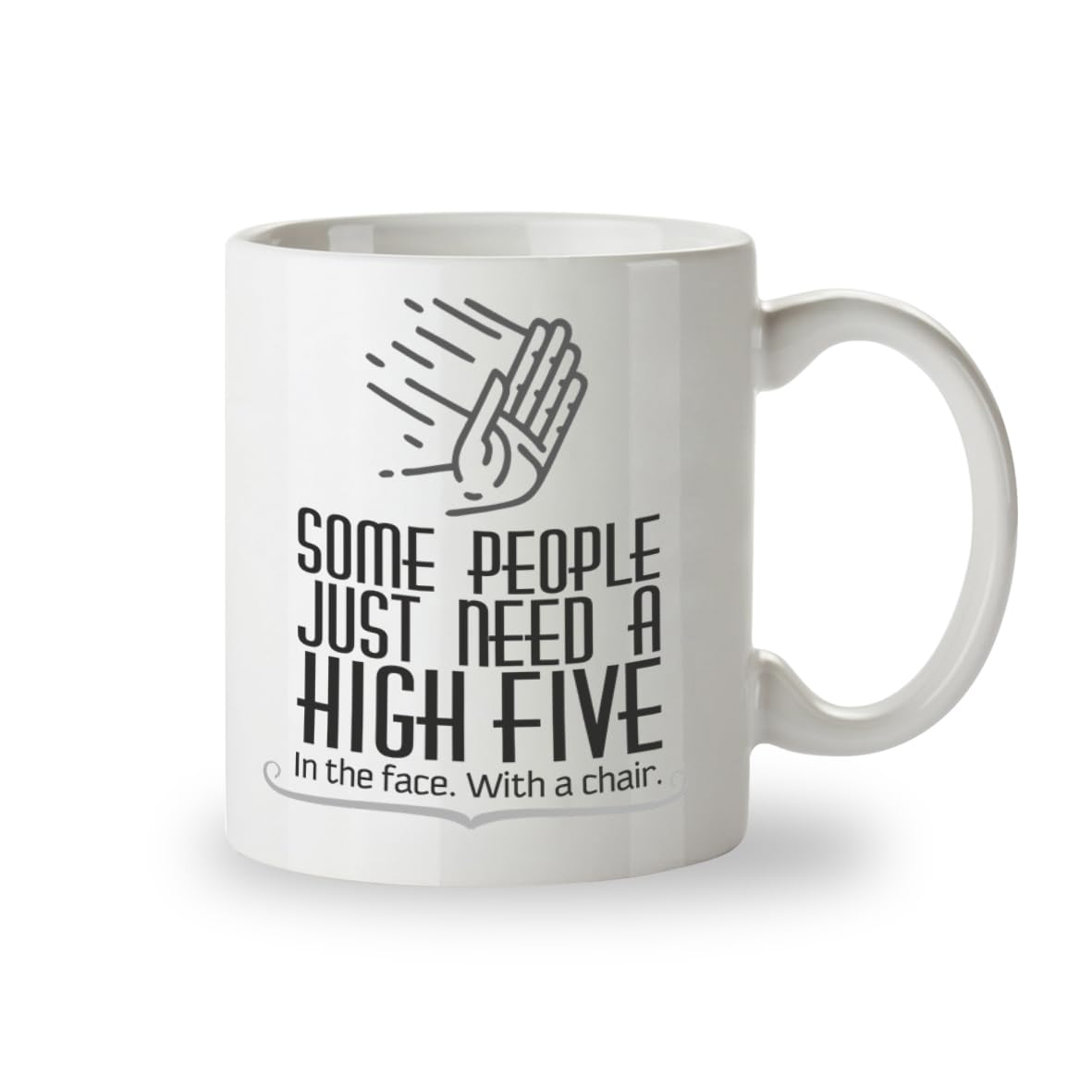 White mug with black text and graphic on a white background