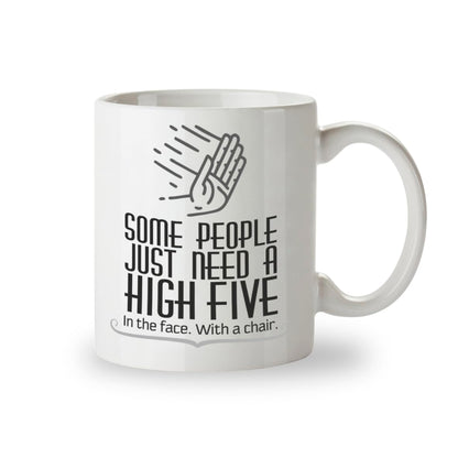 White mug with black text and graphic on a white background