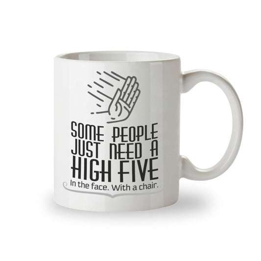 White mug with black text and graphic on a white background