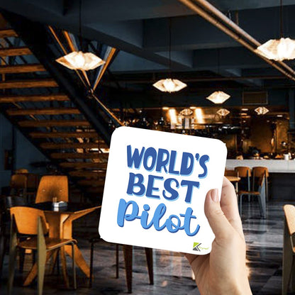 WB085 World's Best Pilot MDF Wooden Coaster by Kruzroyal | Gift for Pilot | Unique Novelty Present | 9cm x 9cm | Coffee Tea MDF Wooden Coaster
