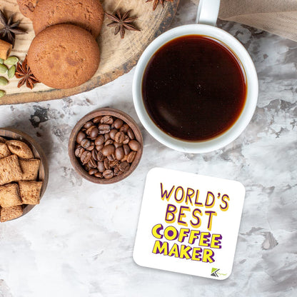 WB029 World's Best Coffee Maker MDF Wooden Coaster by Kruzroyal | Gift for Coffee Maker | Unique Novelty Present | 9cm x 9cm | Coffee Tea MDF Wooden Coaster