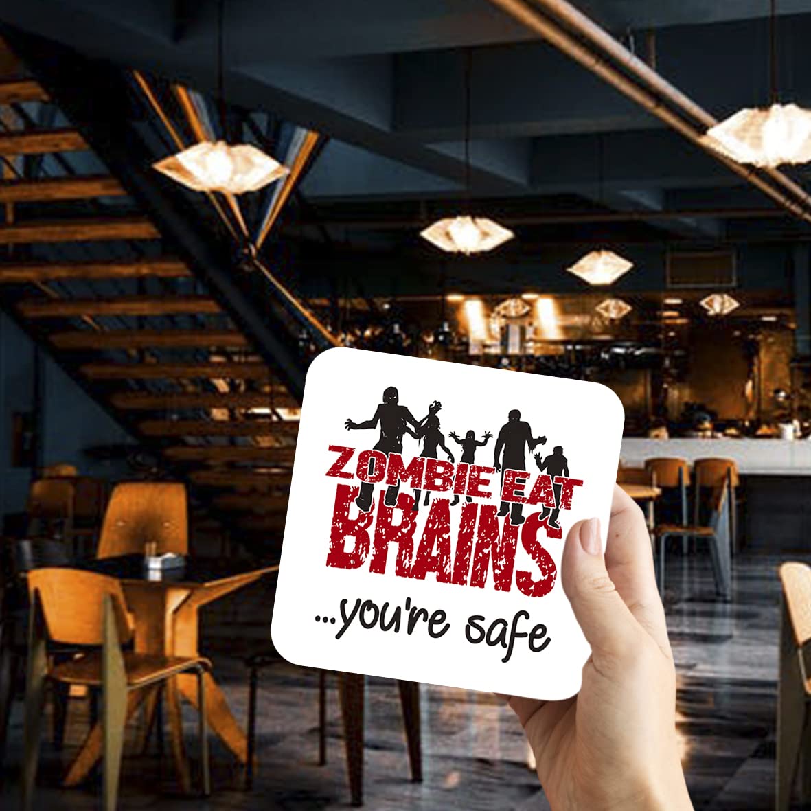 CS547 Zombie Eat Brains You're Safe Novelty Funny Coffee Tea Drink Gift Glossy MDF Wooden Coaster
