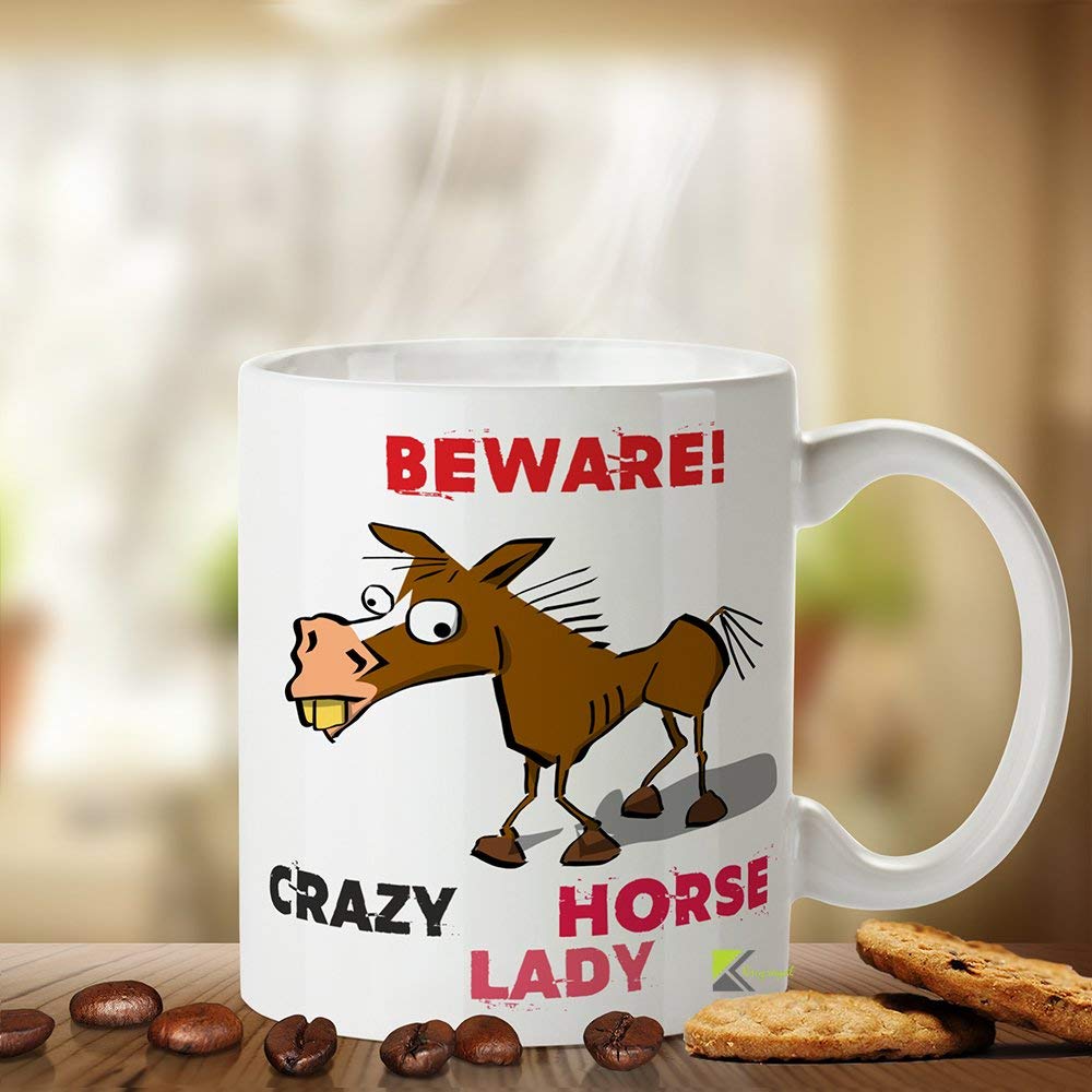 Kruzroyal Beware Crazy Horse Lady Mug - Funny Horse Gift for Women - 11oz Ceramic Coffee Mug - Equestrian Lover Gift - DZ047