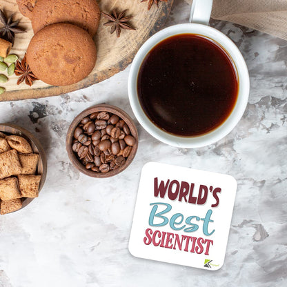 WB056 World's Best Scientist MDF Wooden Coaster by Kruzroyal | Gift for Scientist | Unique Novelty Present | 9cm x 9cm | Coffee Tea MDF Wooden Coaster