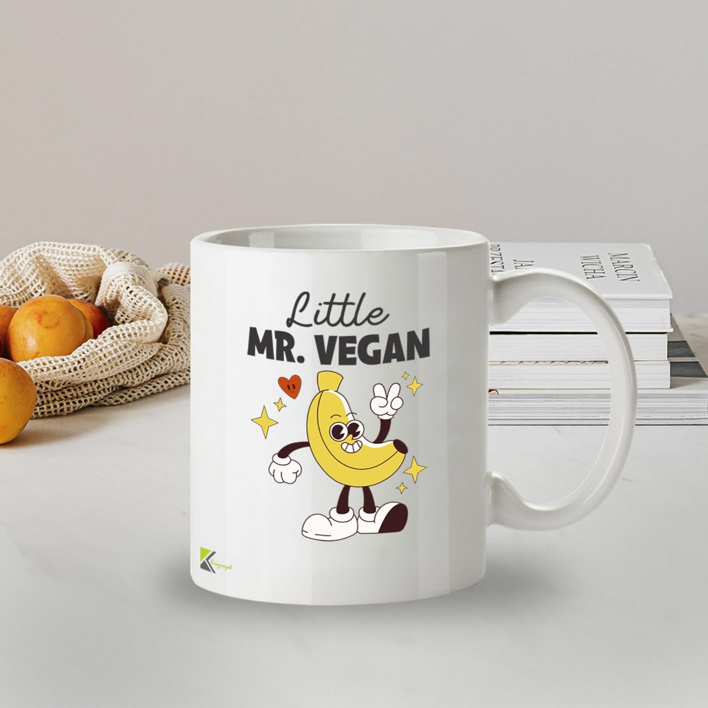 Kruzroyal Little Mr Vegan Mug | Funny Vegan Gift for Men Him | Retro 70s Cartoon Design | 11oz Ceramic Coffee Mug | Dishwasher Microwave Safe