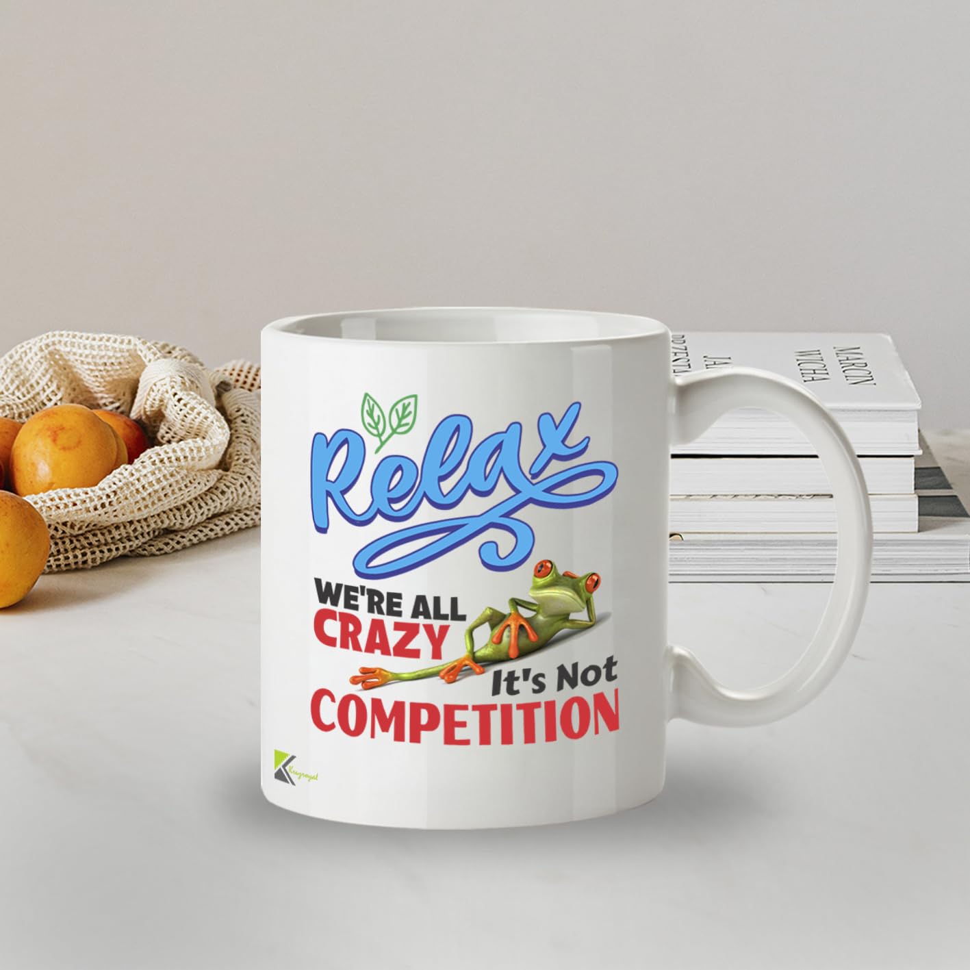 Kruzroyal Relax We're All Crazy Funny Mug - Sarcastic Frog Novelty Cup Great Gag Gift for Work Colleague Men Women