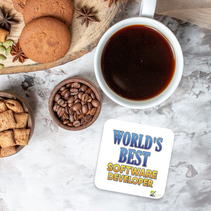 WB063 World's Best Software Developer MDF Wooden Coaster by Kruzroyal | Gift for Software Developer | Unique Novelty Present | 9cm x 9cm | Coffee Tea MDF Wooden Coaster