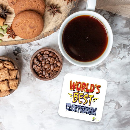 WB004 World's Best Electrician MDF Wooden Coaster by Kruzroyal | Gift for Electrician | Unique Novelty Present | 9cm x 9cm | Coffee Tea MDF Wooden Coaster
