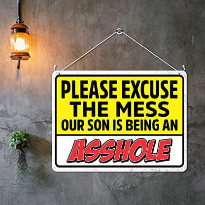 Kruzroyal MP490 Please excuse the mess our son is being an as*hole Funny Novelty Retro Vintage Metal Wall Sign Plaque 20cm x 15cm