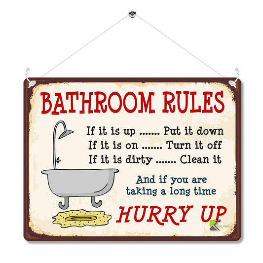 Kruzroyal Funny Bathroom Rules Metal Wall Sign, Retro Vintage Washroom Decor Plaque, Decorative Tin Sign for Guest Toilet & Loo, 20x15cm MP017