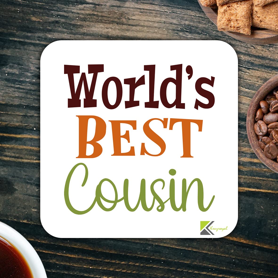 WB042 World's Best Cousin MDF Wooden Coaster by Kruzroyal | Gift for Cousin | Unique Novelty Present | 9cm x 9cm | Coffee Tea MDF Wooden Coaster