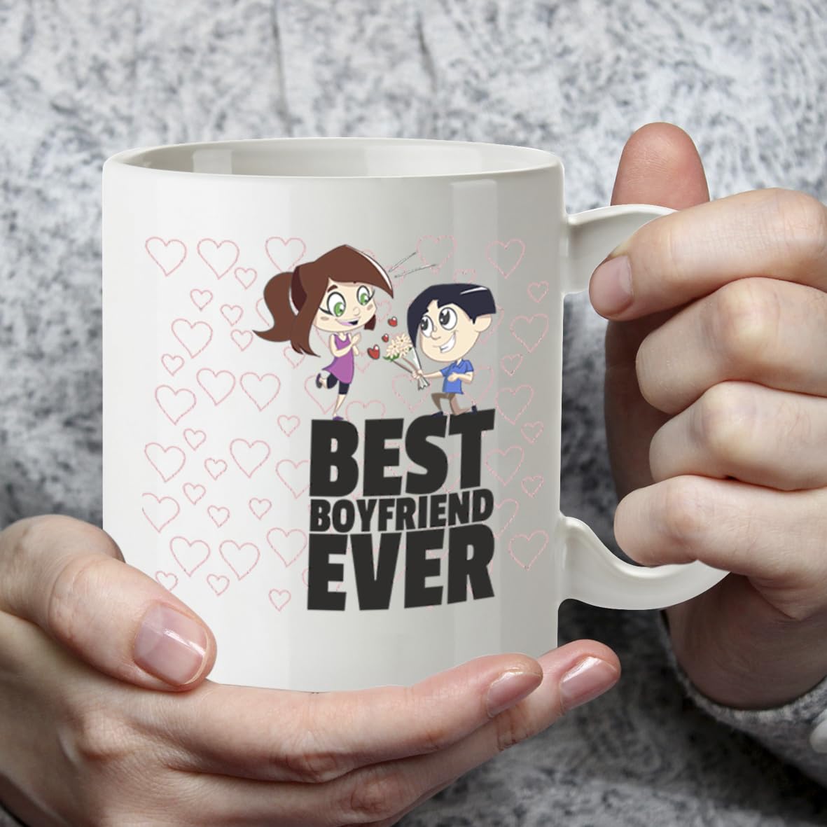 Kruzroyal Best Boyfriend Ever Mug, Cute Cartoon Couple Design, Romantic Novelty Present for Men or Partner, White Ceramic Coffee Cup, 11 oz DZ080