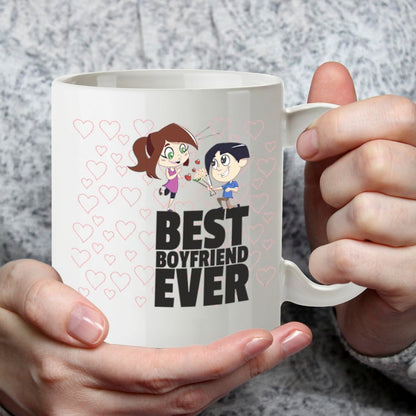 Kruzroyal Best Boyfriend Ever Mug, Cute Cartoon Couple Design, Romantic Novelty Present for Men or Partner, White Ceramic Coffee Cup, 11 oz DZ080