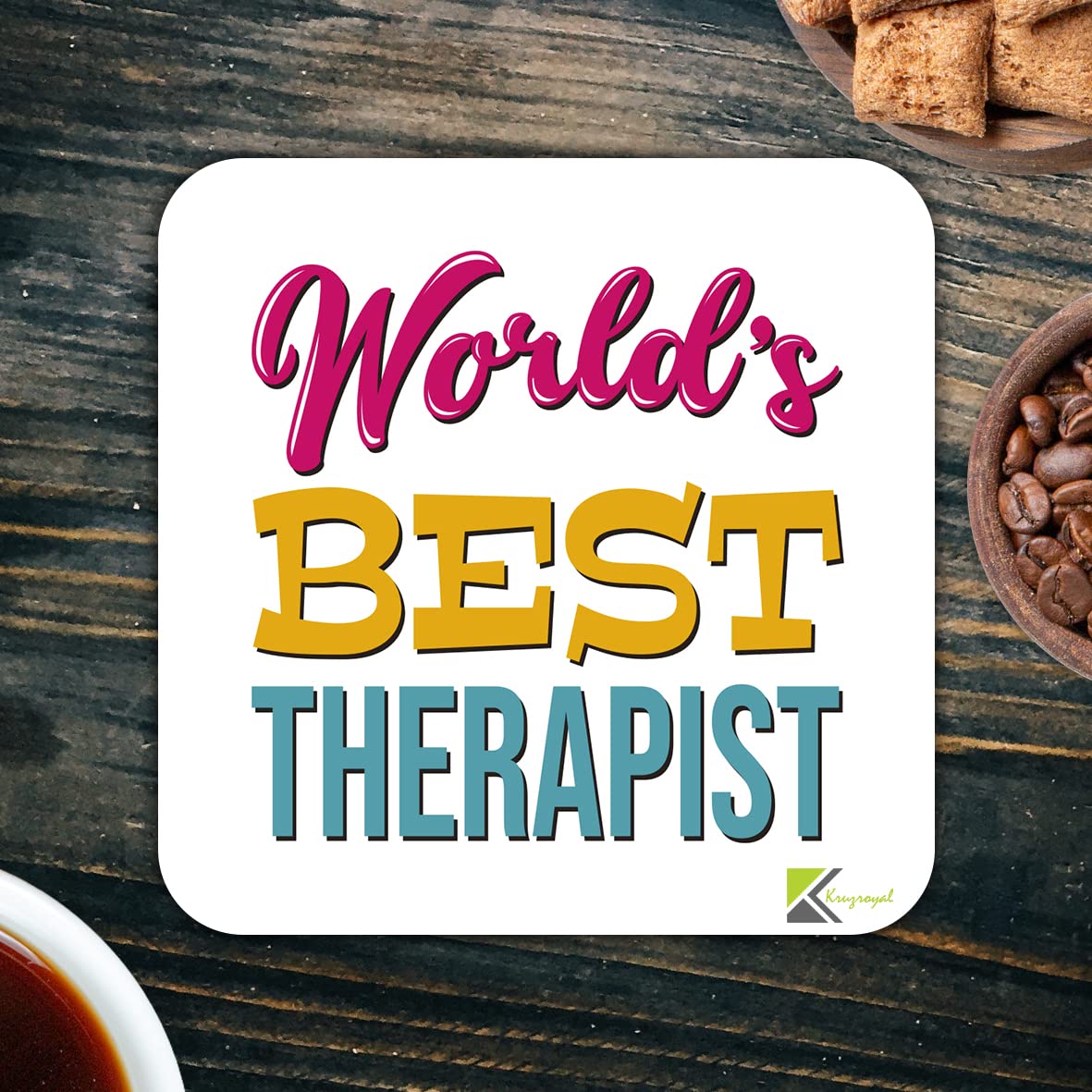 WB044 World's Best Therapist MDF Wooden Coaster by Kruzroyal | Gift for Therapist | Unique Novelty Present | 9cm x 9cm | Coffee Tea MDF Wooden Coaster