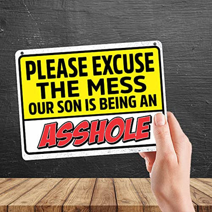 Kruzroyal MP490 Please excuse the mess our son is being an as*hole Funny Novelty Retro Vintage Metal Wall Sign Plaque 20cm x 15cm