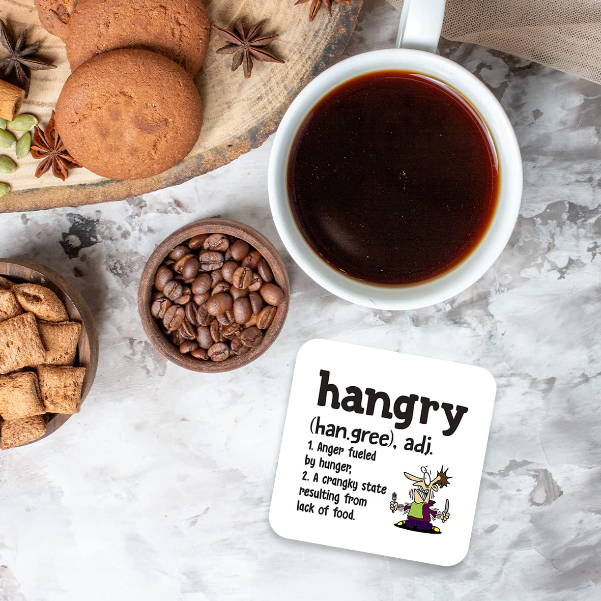 CS447 Defination Hangry Novelty Funny Coffee Tea Drink Gift Glossy MDF Wooden Coaster | Gifts for Men, Women, Friend, Foodie