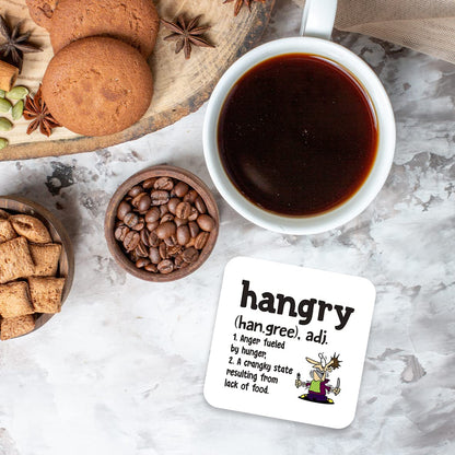 CS447 Defination Hangry Novelty Funny Coffee Tea Drink Gift Glossy MDF Wooden Coaster | Gifts for Men, Women, Friend, Foodie