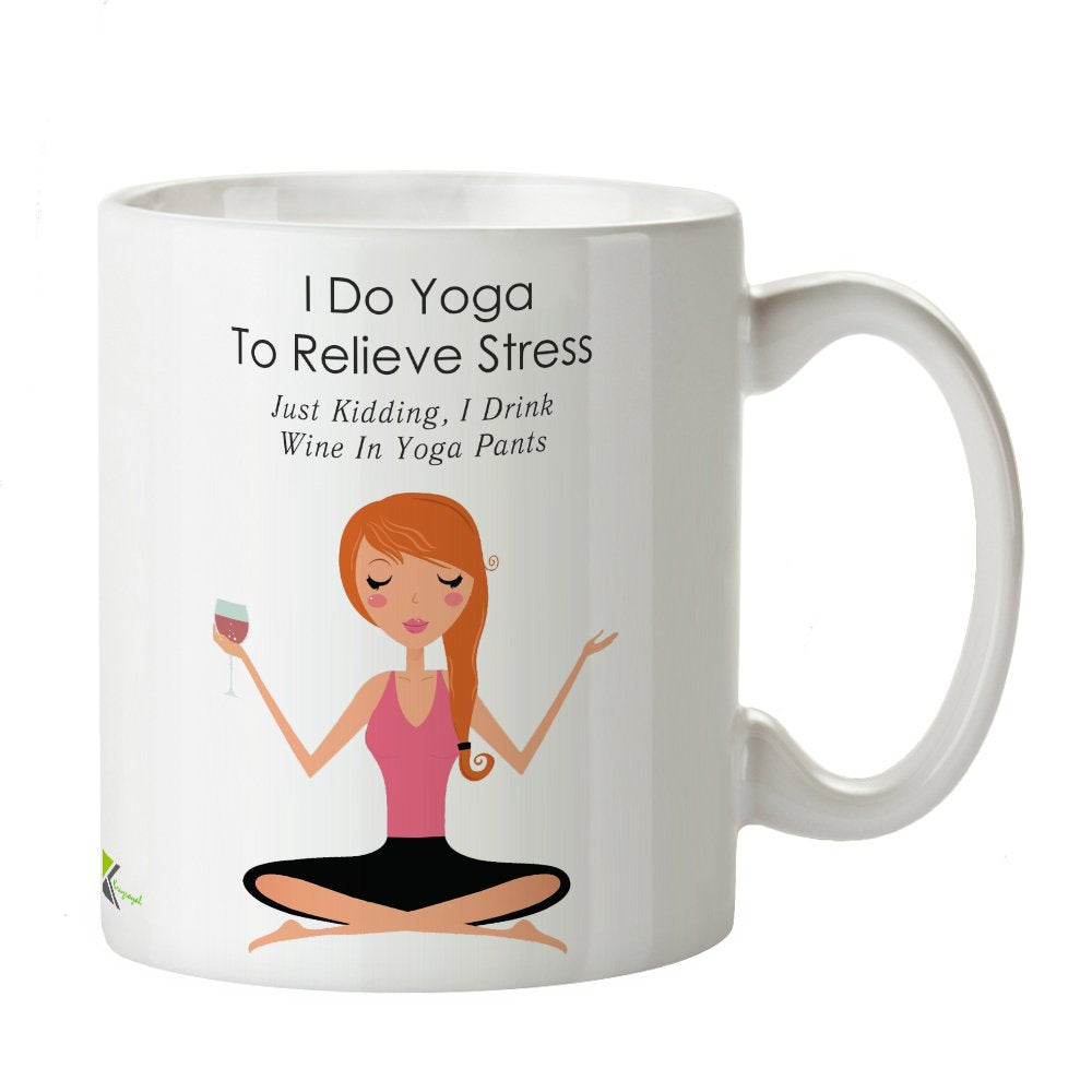 Kruzroyal Funny Yoga Mug, I Do Yoga to Relieve Stress Wine Design, Novelty Gift for Wine Lover, Mum, Best Friend or Wife, White Ceramic Coffee Cup, 11 oz