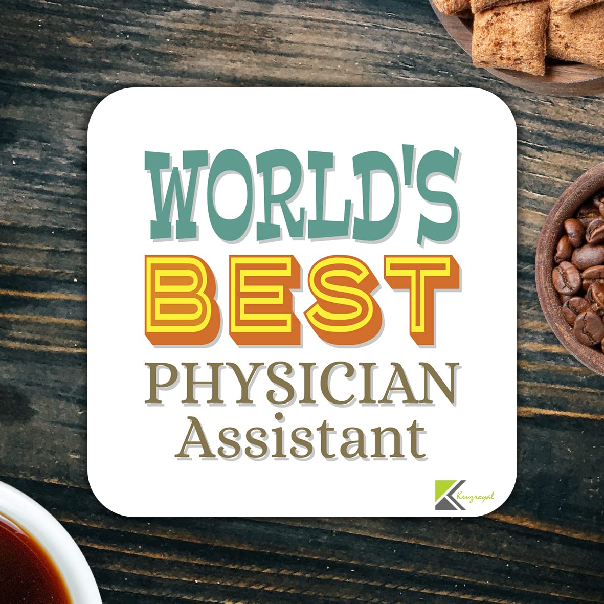 WB090 World's Best Physician Assistant MDF Wooden Coaster by Kruzroyal | Gift for Physician Assistant | Unique Novelty Present | 9cm x 9cm | Coffee Tea MDF Wooden Coaster