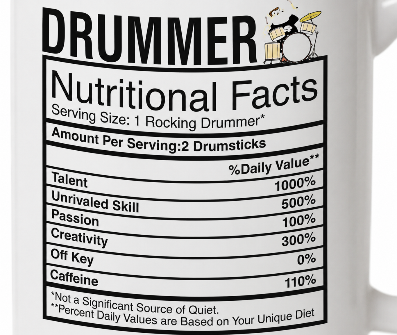 Kruzroyal Drummer Mug Gift for Men & Dad - Funny Nutritional Facts 11oz Ceramic Coffee Cup - Music Gifts for Drummers & Musicians