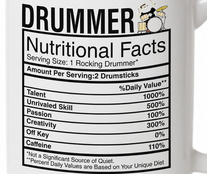 Kruzroyal Drummer Mug Gift for Men & Dad - Funny Nutritional Facts 11oz Ceramic Coffee Cup - Music Gifts for Drummers & Musicians