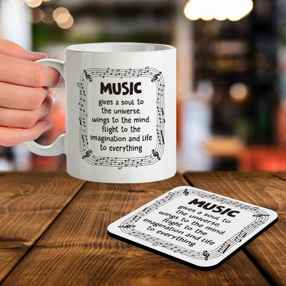 Kruzroyal SM026 Music Gives a Soul to The Universe. Wings to The Mind. Flight to The Imagination and Life to Everything - 11OZ Mug & Matching Coaster Set