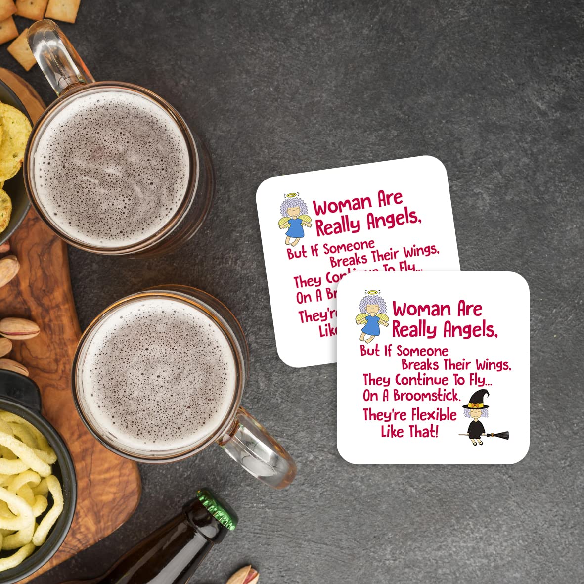 CS567 Woman are Really Angels, They Continue to Fly on a Broomstick, They're Flexible Like That! Novelty Funny Coffee Tea Drink Gift Glossy MDF Wooden Coaster for Women Her Friend Mum Colleague