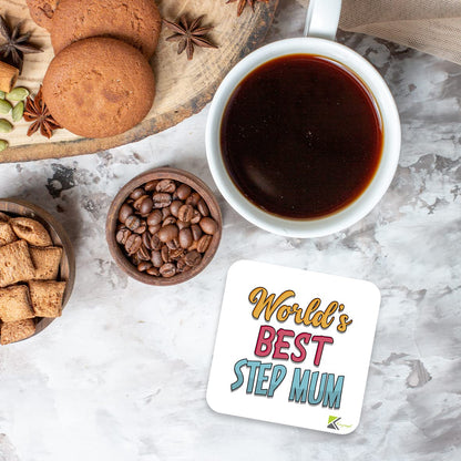 WB019 World's Best Step Mum MDF Wooden Coaster by Kruzroyal | Gift for Step Mum | Unique Novelty Present | 9cm x 9cm | Coffee Tea MDF Wooden Coaster