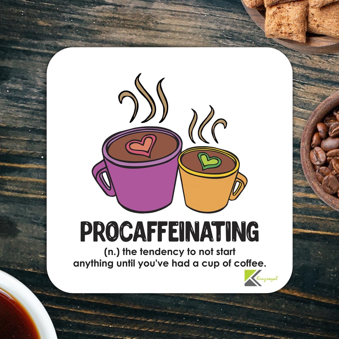 CS233 Defination procaffeinating Novelty Funny Coffee Tea Drink Gift Glossy MDF Wooden Coaster | Humorous Gift for Colleague, Office Worker, Friend - Desk Accessory