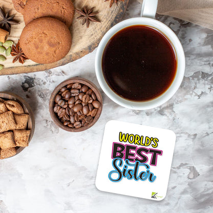WB015 World's Best Sister MDF Wooden Coaster by Kruzroyal | Gift for Sister| Unique Novelty Present | 9cm x 9cm | Coffee Tea MDF Wooden Coaster
