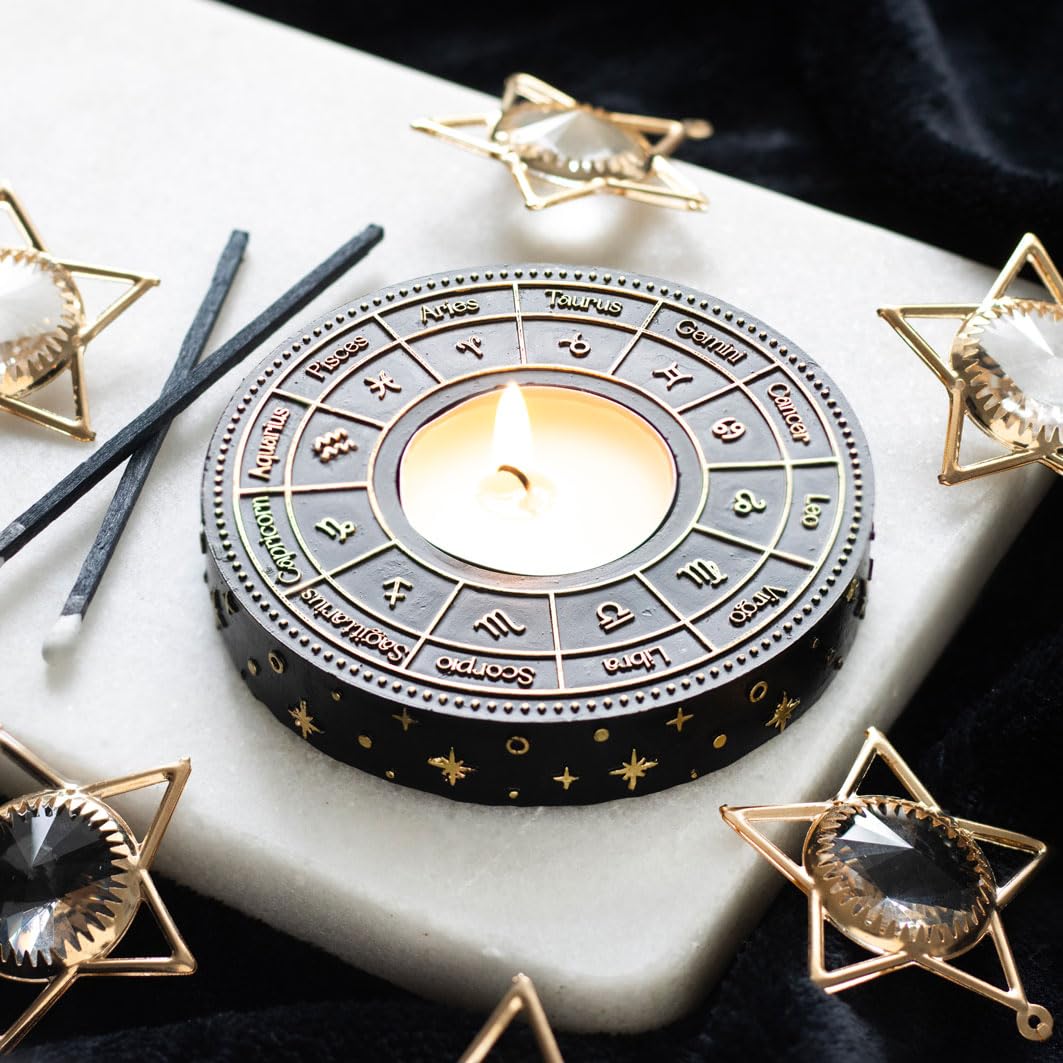 Astrology Wheel Tealight Candle Holder - Handcrafted Metal Stand with Zodiac Signs, Ideal for Home Decor and Spiritual Ambiance, Zodiac Gift for Astrology Enthusiasts