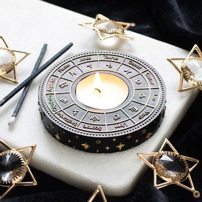 Astrology Wheel Tealight Candle Holder - Handcrafted Metal Stand with Zodiac Signs, Ideal for Home Decor and Spiritual Ambiance, Zodiac Gift for Astrology Enthusiasts