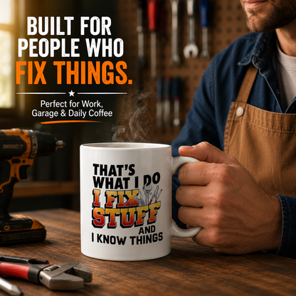 Kruzroyal That’s What I Do I Fix Stuff Mug - Funny Coffee Mugs for Men & Handyman Gifts - Builders Mug - Father’s Day Gift for Dad, Grandad, Husband - 11oz Ceramic Cup