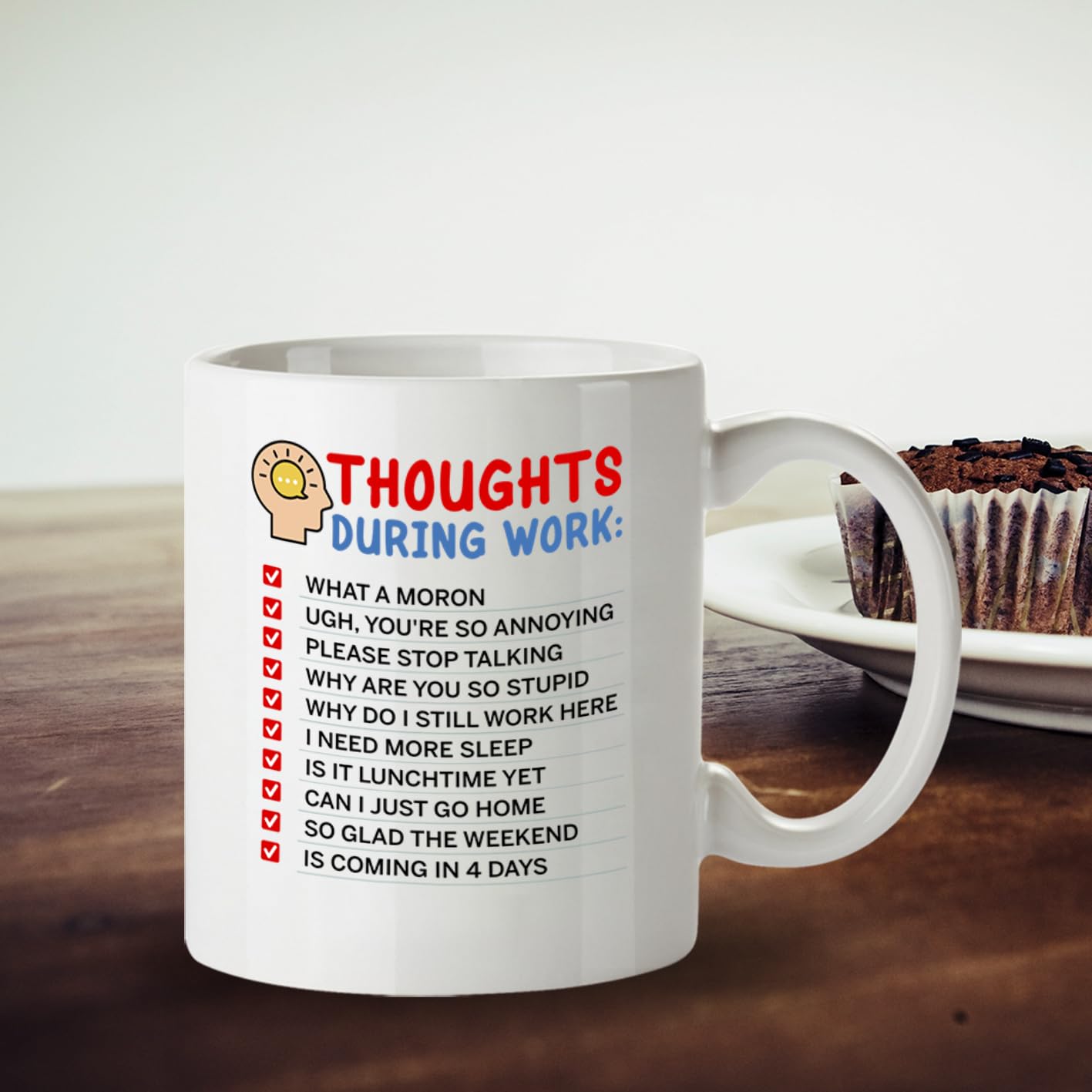Kruzroyal Thoughts During Work Funny Mug - Sarcastic Office Humour Cup Great Gag Gift for Colleague Men Women