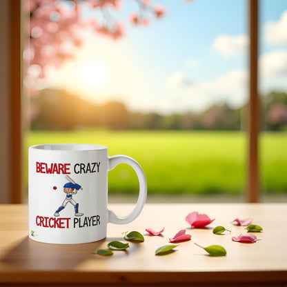 Kruzroyal "Beware Crazy Cricket Player Funny Mug - 11oz Ceramic Coffee Cup, Novelty Gift for Players, Fans, Men, Dad, Coach