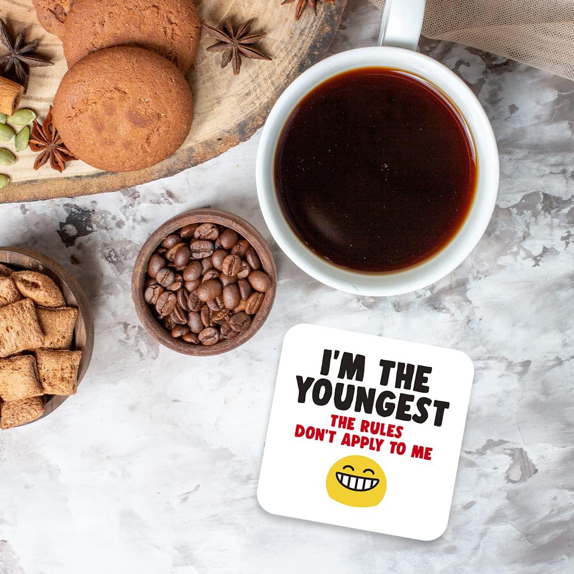 CS762 I'm The Youngest. The Rules Don't Apply to me Novelty Funny Coffee Tea Drink Gift Glossy MDF Wooden Coaster